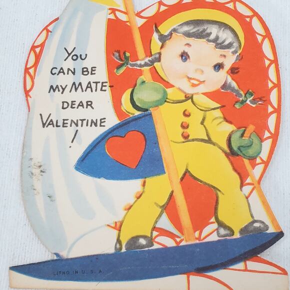 Vtg You Can Be My Mate Dear Valentine Young Girl Windsurfing Litho in USA 4" - Picture 2 of 5